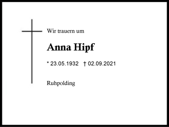 Traueranzeige von Anna Hipf von Region Chiemgau