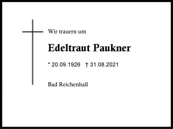 Traueranzeige von Edeltraut Paukner von Region Chiemgau