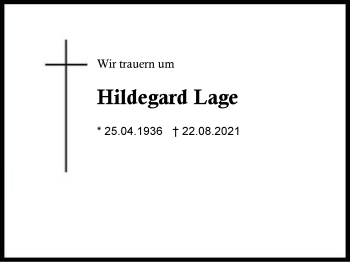 Traueranzeige von Hildegard Lage von Region Berchtesgadener Land