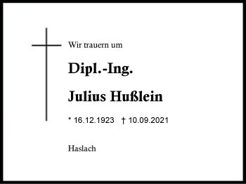Traueranzeige von Julius Hußlein von Region Chiemgau
