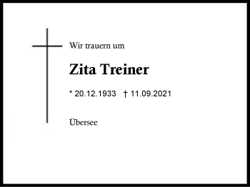 Traueranzeige von Zita Treiner von Region Chiemgau