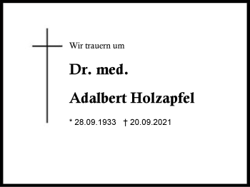 Traueranzeige von Adalbert Holzapfel von Region Traunstein