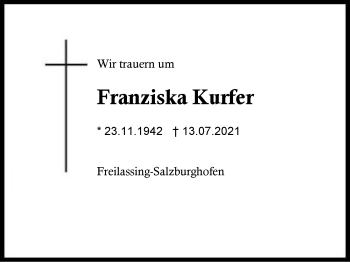 Traueranzeige von Franziska Kurfer von Region Berchtesgadener Land