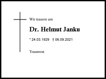Traueranzeige von Helmut Janku von Region Traunstein