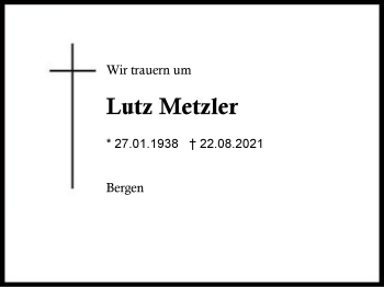 Traueranzeige von Lutz Metzler von Region Chiemgau