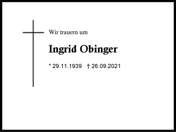 Traueranzeige von Ingrid Obinger von Region Traunstein
