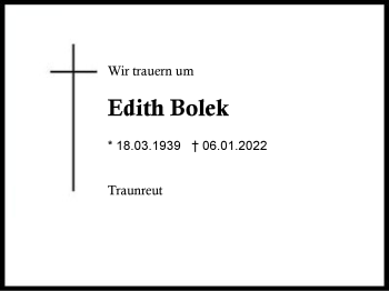 Traueranzeige von Edith Bolek von Region Traunstein