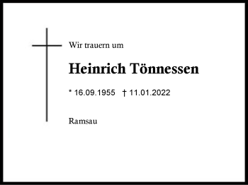 Traueranzeige von Heinrich Tönnessen von Region Chiemgau