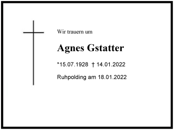 Traueranzeige von Agnes Gstatter von Region Chiemgau