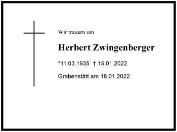 Traueranzeige von Herbert Zwingenberger von Region Chiemgau