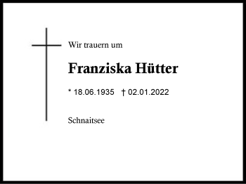 Traueranzeige von Franziska Hütter von Region Traunstein