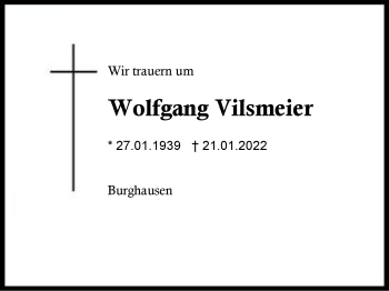 Traueranzeige von Wolfgang Vilsmeier von Region Traunstein