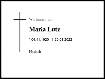 Traueranzeige von Maria Lutz von Region Chiemgau
