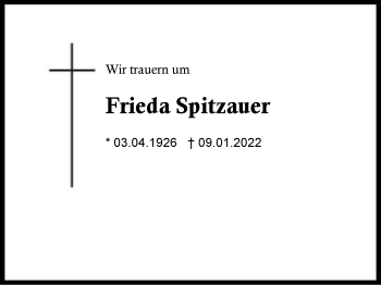 Traueranzeige von Frieda Spitzauer von Region Berchtesgadener Land