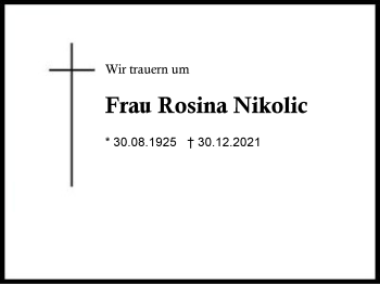 Traueranzeige von Rosina Nikolic von Region Traunstein
