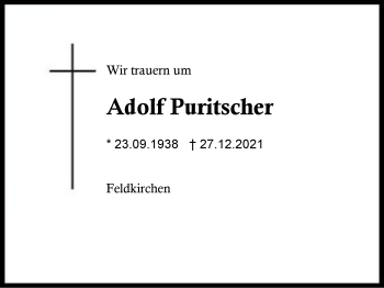 Traueranzeige von Adolf Puritscher von Region Berchtesgadener Land