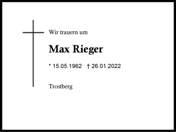 Traueranzeige von Max Rieger von Region Traunstein