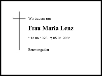 Traueranzeige von Maria Lenz von Region Chiemgau