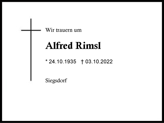 Traueranzeige von Alfred Rimsl von Region Chiemgau