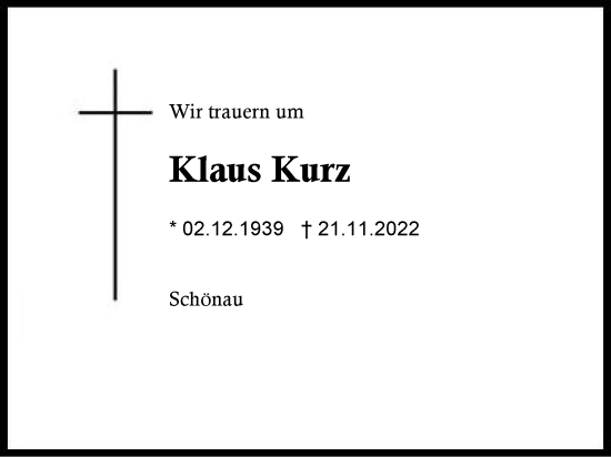 Traueranzeige von Klaus Kurz von Region Chiemgau