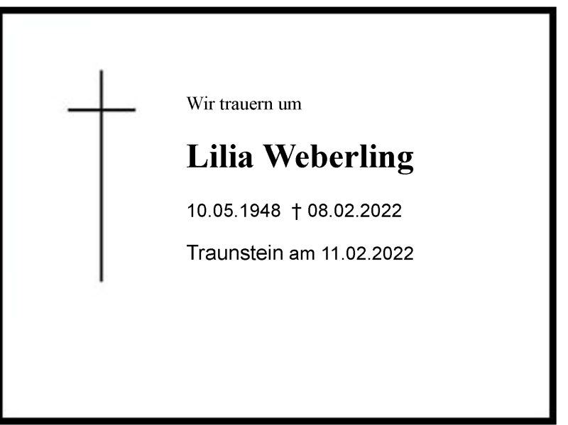  Traueranzeige für Lilia Weberling vom 10.02.2022 aus Region Chiemgau