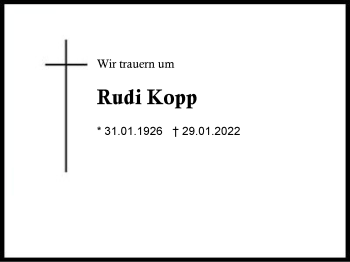 Traueranzeige von Rudi Kopp von Region Chiemgau