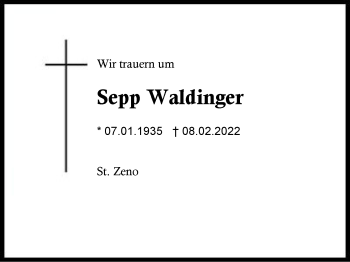 Traueranzeige von Sepp Waldinger von Region Berchtesgadener Land