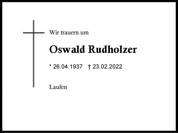 Traueranzeige von Oswald Rudholzer von Region Traunstein