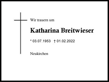 Traueranzeige von Katharina Breitwieser von Region Berchtesgadener Land