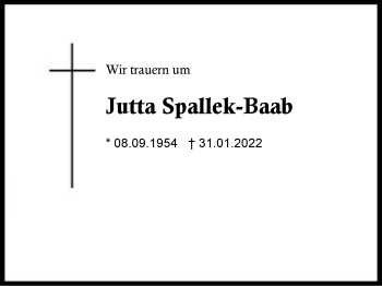 Traueranzeige von Jutta Spallek-Baab von Region Chiemgau