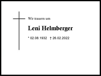 Traueranzeige von Leni Helmberger von Region Traunstein