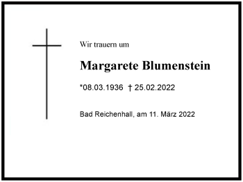 Traueranzeige von Margarete Blumenstein von Berchtesgaden