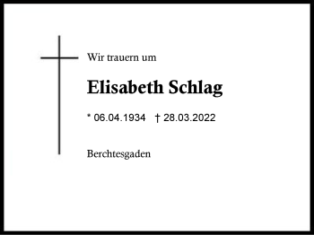 Traueranzeige von Elisabeth Schlag von Region Chiemgau