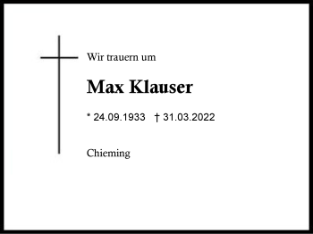 Traueranzeige von Max Klauser von Region Chiemgau