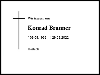 Traueranzeige von Konrad Brunner von Region Chiemgau