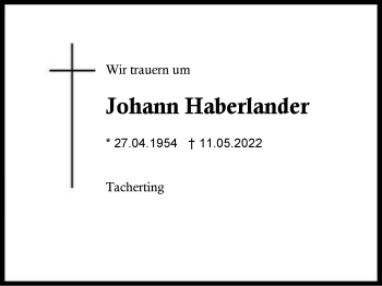Traueranzeige von Johann Haberlander von Region Traunstein