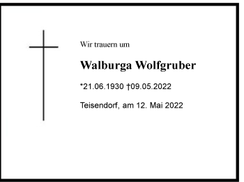 Traueranzeige von Walburga Wolfgruber von Berchtesgaden