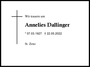 Traueranzeige von Annelies Dallinger von Region Berchtesgadener Land