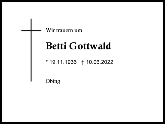 Traueranzeige von Betti Gottwald von Traunstein