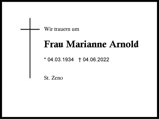 Traueranzeige von Marianne Arnold von Region Berchtesgadener Land