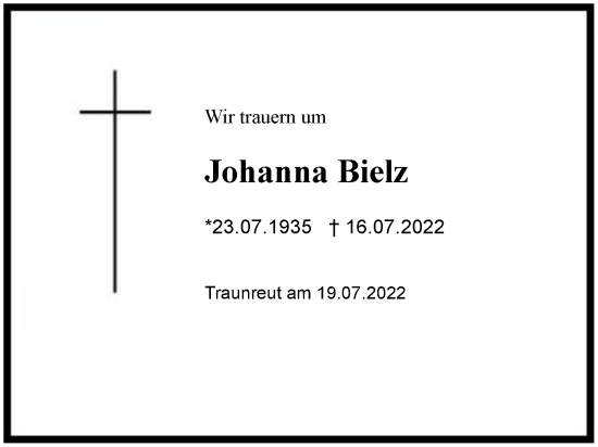 Traueranzeige von Johanna Bielz von Region Chiemgau