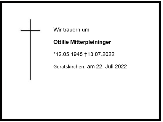 Traueranzeige von Ottilie Mitterpleininger von Berchtesgadener Land