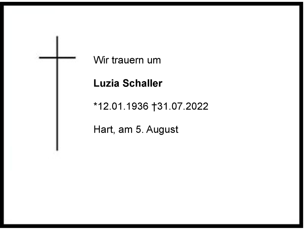  Traueranzeige für Luzia Schaller vom 05.08.2022 aus Berchtesgadener Land