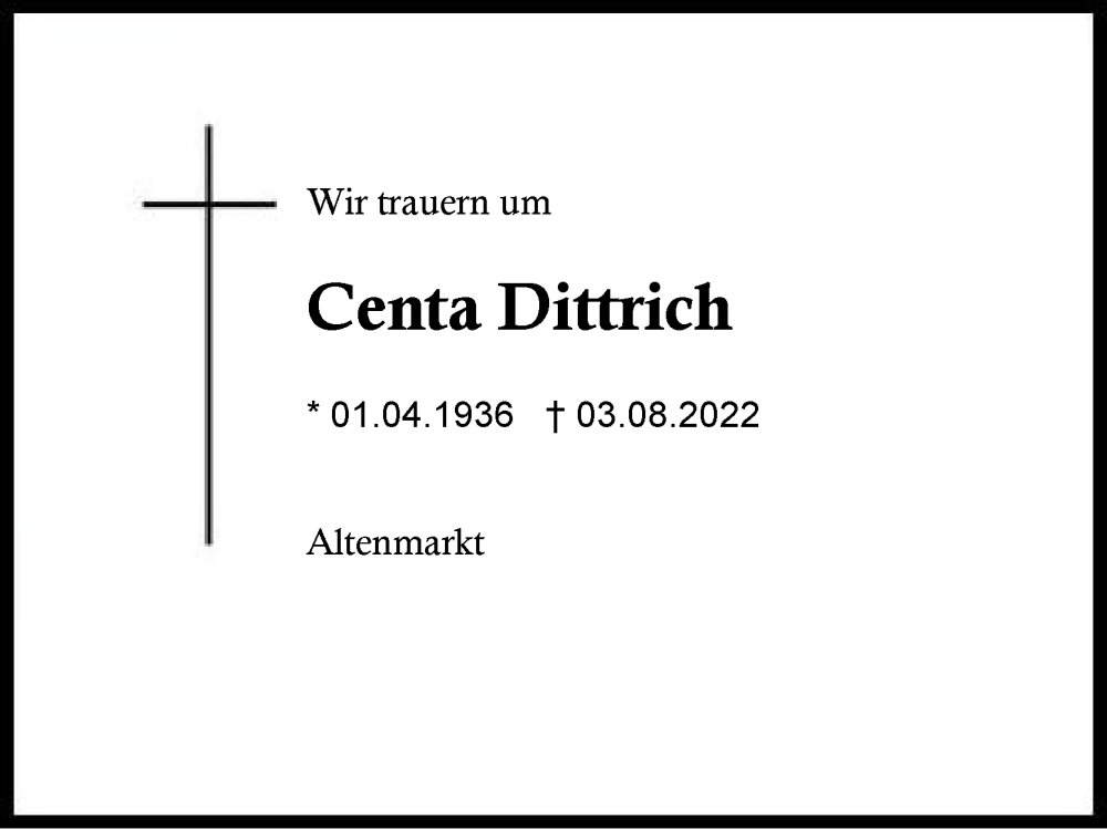  Traueranzeige für Centa Dittrich vom 06.08.2022 aus Traunstein