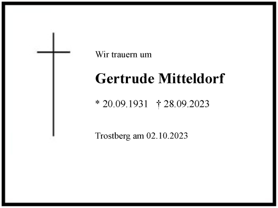 Traueranzeige von Gertrude Mitteldorf von Region Chiemgau