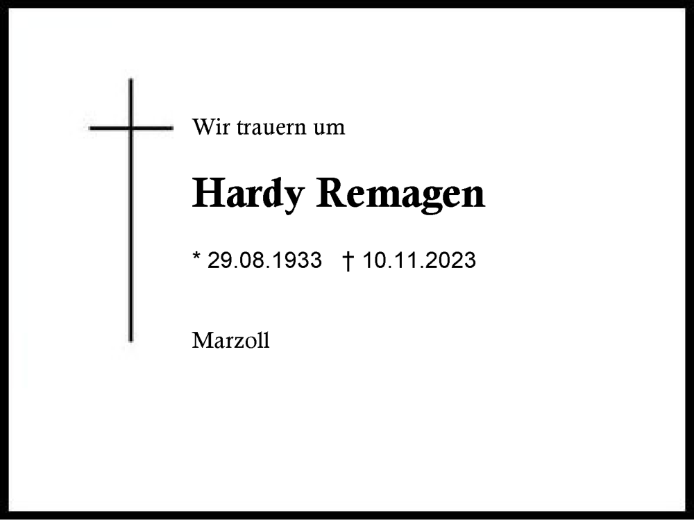  Traueranzeige für Hardy Remagen vom 19.11.2023 aus Region Berchtesgadener Land
