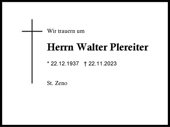 Traueranzeige von Walter Plereiter von Region Berchtesgadener Land