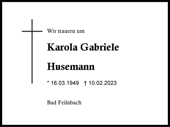 Traueranzeige von Karola Gabriele Husemann von Traunstein
