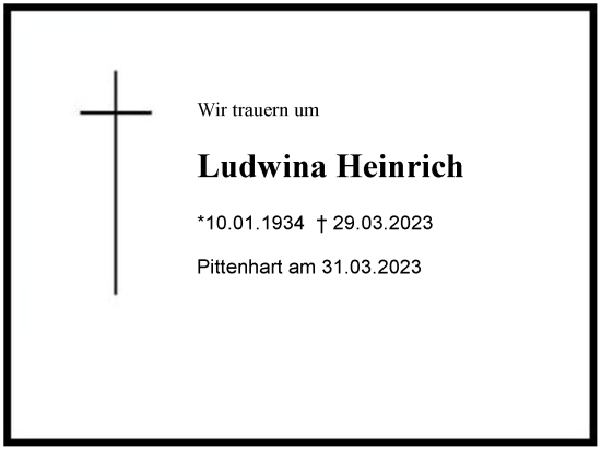 Traueranzeige von Ludwina Heinrich von Region Chiemgau