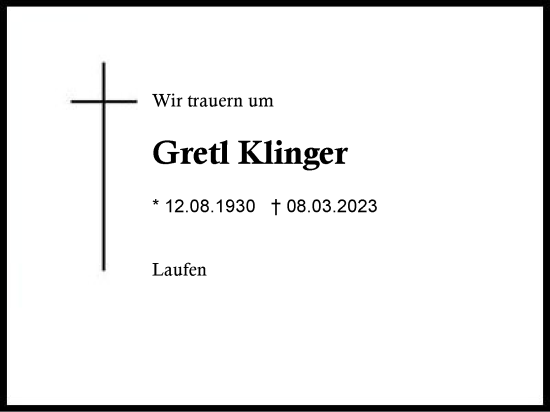 Traueranzeige von Gretl Klinger von Traunstein